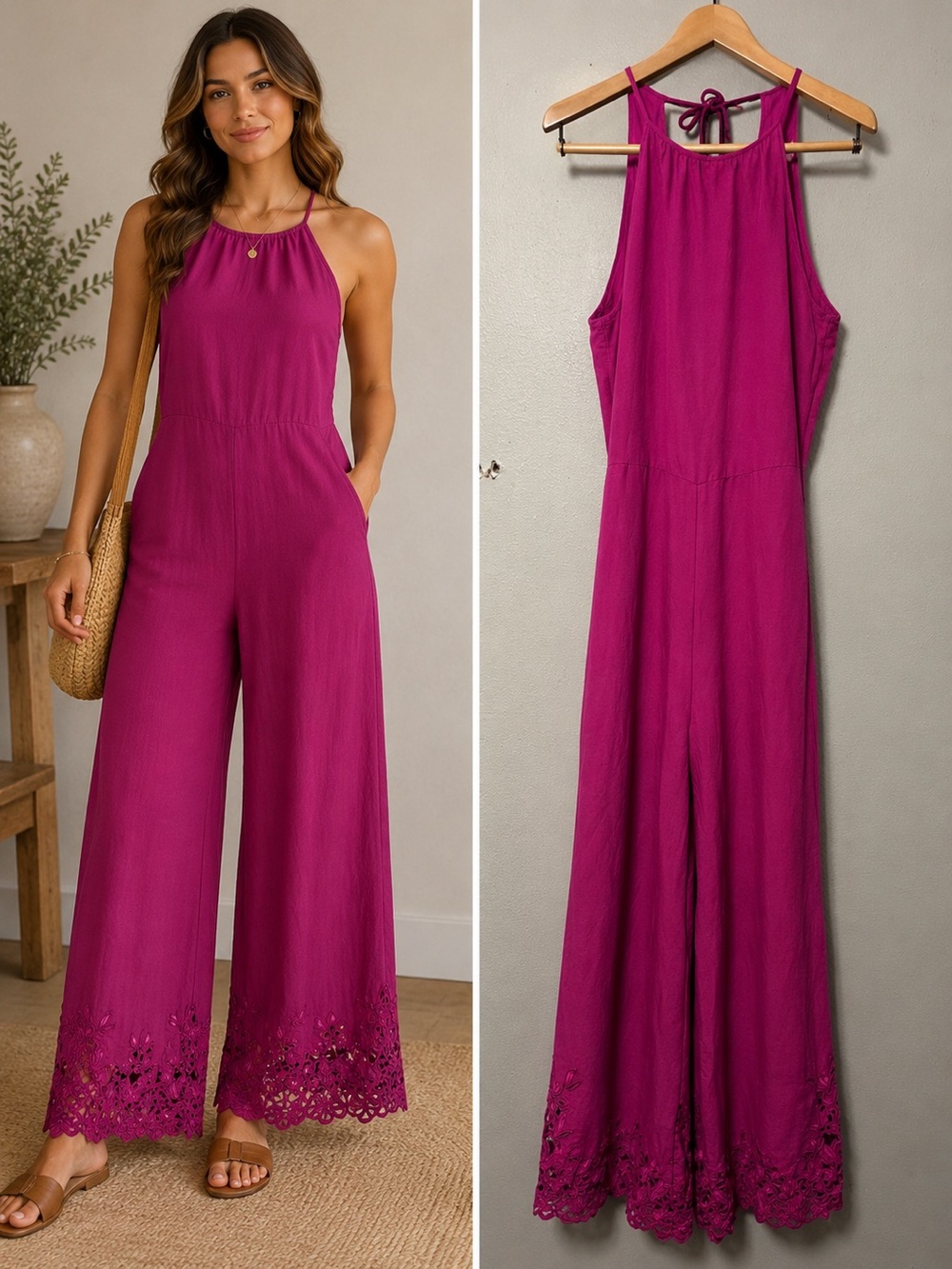 By Anthropologie Linen Halter Wide Leg Open Back Jumpsuit Raspberry
Size 0